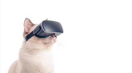 Wall Mural - a british shorthair cat wearing a virtual reality VR headset on a white studio background