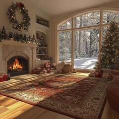 Sticker - Cozy living room with fireplace, Christmas tree, and snow-covered landscape outside the window.