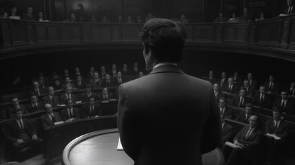 Poster - A man stands in front of a crowd of people in a courtroom. The man is dressed in a suit and tie and is holding a piece of paper. The scene is black and white, giving it a serious and formal atmosphere