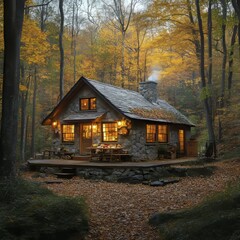 Poster - Cozy stone cabin in the woods with warm lights and autumn leaves.