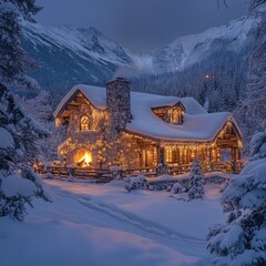 Poster - Cozy stone cabin with snow covered roof, lit up by a fireplace, surrounded by snow-covered trees and mountains in the background.