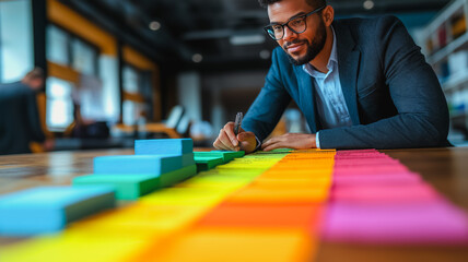 Poster - A man in a suit is writing on a colorful chart. The chart is filled with different colored squares, and the man is using a pen to write on it