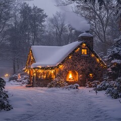 Poster - Cozy stone cottage with warm lights and a fireplace, covered in snow during a snowy evening.