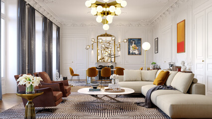 Poster - Luxury classic Paris apartment. Living room with a fireplace. 3D Rendering.