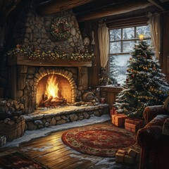 Wall Mural - Cozy winter cabin interior with fireplace, Christmas tree, and gifts.