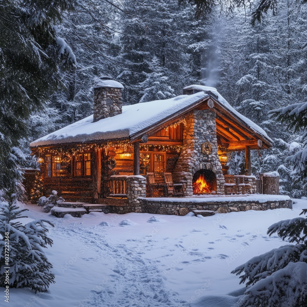 Cozy wooden cabin with a fireplace, nestled in a snowy forest. Stock ...