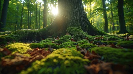 Poster - In the forest, moss grows on tree trunks and roots, and there is sunlight shining through the trees in an endless green pine forest. The ground, covered with fallen leaves.