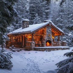 Poster - Cozy wooden cabin with a fireplace, nestled in a snowy forest.