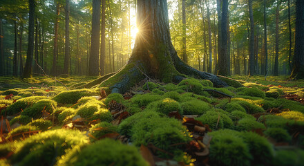 Poster - In the forest, moss grows on tree trunks and roots, and there is sunlight shining through the trees in an endless green pine forest. The ground, covered with fallen leaves.