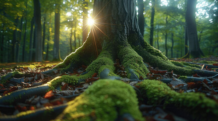 Poster - In the forest, moss grows on tree trunks and roots, and there is sunlight shining through the trees in an endless green pine forest. The ground, covered with fallen leaves.