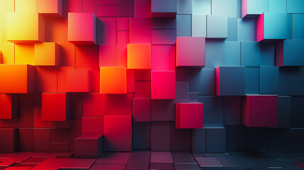 Poster - A colorful wall made of blocks with a blue square in the middle. The wall is made of different colored blocks, including red, orange, and blue