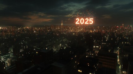 Poster - Nighttime cityscape with fireworks forming 