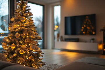 Wall Mural - Decorated Christmas tree in a living room with warm lights, a TV in the background, and a soft rug.