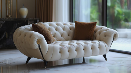 A white couch with brown pillows sits in front of a window. The couch is large and has a modern design. The room has a clean and minimalist look, with the couch being the focal point