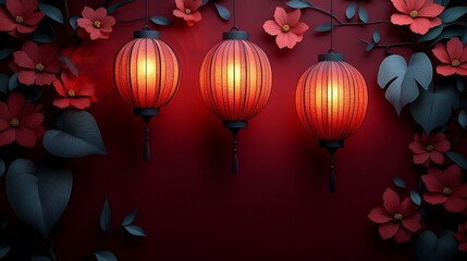 Poster - Elegant Diwali design papercut style Indian lanterns hanging from the top set against a deep maroon background with delicate floral motifs Plenty of space in the middle for festive visuals
