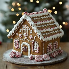 Poster - Decorated gingerbread house with candy canes and frosting on a wooden surface.