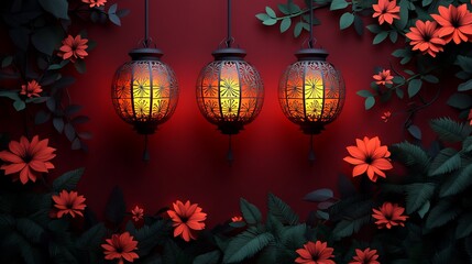 Poster - Elegant Diwali design papercut style Indian lanterns hanging from the top set against a deep maroon background with delicate floral motifs Plenty of space in the middle for festive visuals