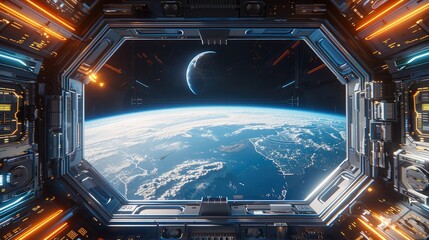 Poster - The view of the Earth from inside an empty space station with large windows, a planet in the background, a window showing the Earth, and futuristic technology elements on both sides of it.