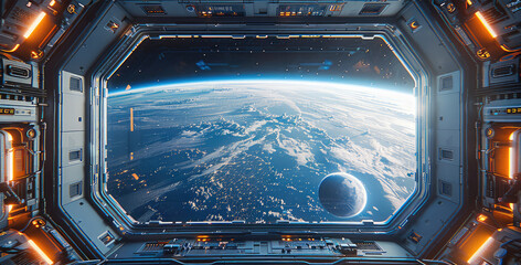 Poster - The view of the Earth from inside an empty space station with large windows, a planet in the background, a window showing the Earth, and futuristic technology elements on both sides of it.
