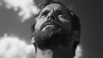 Poster - A man with a beard and a serious expression. He is looking up at the sky. The sky is cloudy and the man is wearing a black shirt