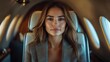 ©  Dreamy Shots - Elegant woman on private jet, confident and poised, luxury travel experience, seated in leather chair, successful business lifestyle, first-class flight, upscale aviation journey, luxury lifestyle