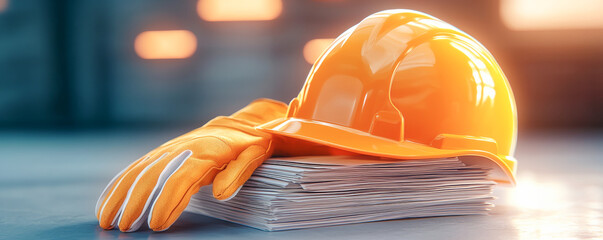 Bright orange hard hat and gloves resting on safety documents in a construction environment, representing job readiness.