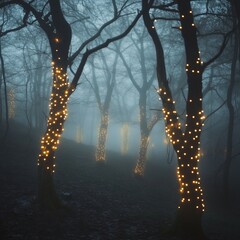 Canvas Print - Enchanting foggy forest with twinkling lights on trees.