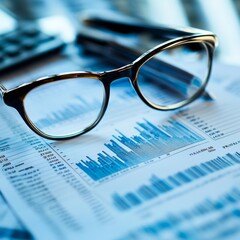 Sticker - Eyeglasses resting on a financial report with charts and numbers.