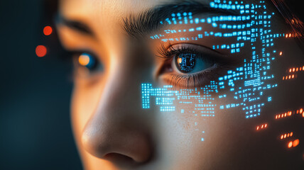 Poster - A woman's face is covered in blue and orange dots. The image is of a woman's face with a computer-generated design. The design is made up of small dots that are arranged in a pattern