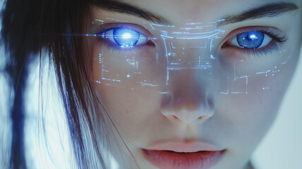 Poster - A woman with blue eyes wearing a pair of glasses with a blue tint. The image is of a woman with a futuristic look