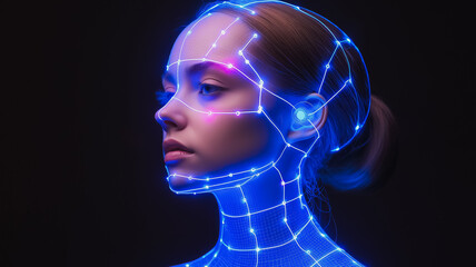 Poster - A woman's face is shown in a blue light with a grid of lines. The image is of a woman's face with a blue light shining on it