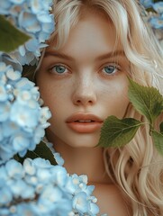 Canvas Print - A girl with a round face, blond hair, in a garden of hydrangeas.