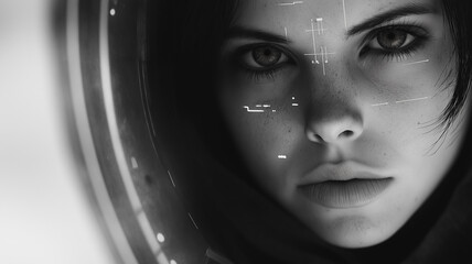 Wall Mural - A woman's face is captured in a black and white photo with a futuristic vibe. She is wearing a black hoodie and has a serious expression on her face. The photo gives off a sense of mystery