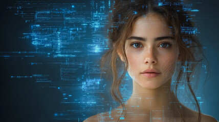 Poster - A woman's face is shown in a computer generated image. The image is a digital representation of the woman's face, with a blue background. The woman's hair is styled in a bun