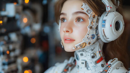 Poster - A woman in a robot costume with a white face and red and silver accents. She is wearing headphones and looking at the camera