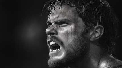 Poster - A man with a black and white photo of him with a mouth open. The photo is of a man with a beard and a mustache