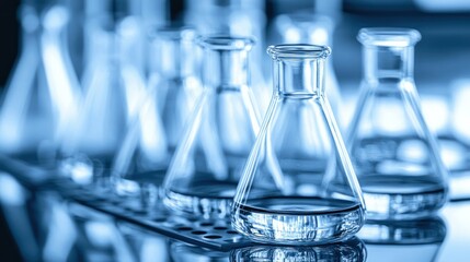 Poster - Close-up of Glass Flasks with Liquid in a Lab Setting