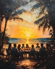 Wall Mural - Family gathering on the beach at sunset.