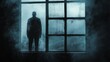 © musa - A man in silhouette stands in front of a window with smoke in the foreground, looking out at a misty scene.