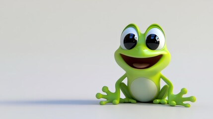 Wall Mural - A cheerful green cartoon frog with big eyes and a wide smile sitting on a white background.