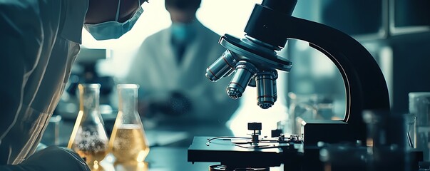 Lab microscope in focus with researchers subtly present in the background.