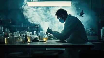 Aufkleber - Scientist in Lab Coat Working with Liquid and Smoke