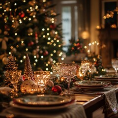 Wall Mural - Festive Christmas table setting with a decorated tree and warm lighting.