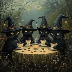 Canvas Print - Four black cats dressed as witches having tea in a forest setting.