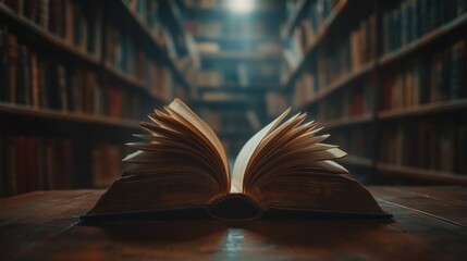 Poster - Open Book on a Wooden Table with Bookshelves in the Background