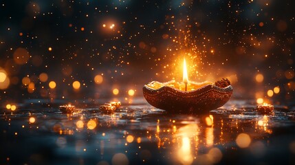 Fototapete - Festive Diwali banner a radiant background of golden sparks and twinkling stars showcasing traditional symbols and leaving an elegant space for heartfelt messages or announcements