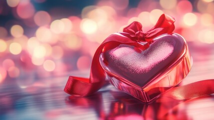 Poster - Red Heart-Shaped Gift Box with Red Ribbon and Blurred Bokeh Background
