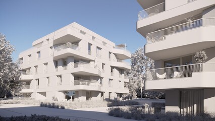 Poster - Modern apartment buildings with balconies. 3D Rendering. Clay rendering. White View.
