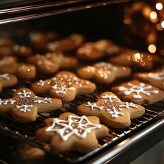 Canvas Print - Freshly baked gingerbread cookies with white frosting and snowflake designs on a cooling rack in an oven.