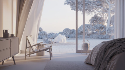Poster - A view from a luxury apartment suite. 3D rendering. Clay rendering. White view.